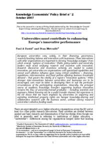 Knowledge Economists’ Policy Brief n° 2 October 2007 This is the second in a series of Policy Briefs delivered by the 