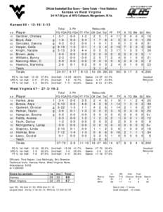 Official Basketball Box Score -- Game Totals -- Final Statistics Kansas vs West Virginia[removed]:00 p.m. at WVU Coliseum, Morgantown, W.Va. Kansas 60 • [removed] ##