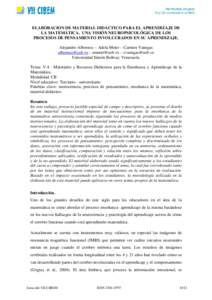 ELABORACION DE MATERIAL DIDÁCTICO PARA EL APRENDIZAJE DE LA MATEMÁTICA. UNA VISIÓN NEUROPSICOLÓGICA DE LOS PROCESOS DE PENSAMIENTO INVOLUCRADOS EN SU APRENDIZAJE. Alejandro Albornoz – Adela Meier – Carmen Vanegas