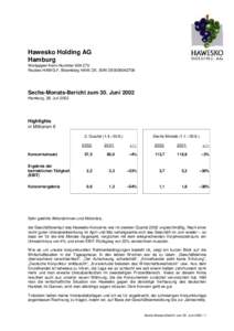 Hawesko Holding AG Hamburg Wertpapier-Kenn-NummerReuters HAWG.F, Bloomberg HAW.DE, ISIN DE0006042708  Sechs-Monats-Bericht zum 30. Juni 2002