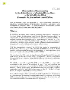 18-JuneMemorandum of Understanding for the Establishment of a Technical Design Phase of the Global Design Effort Concerning the International Linear Collider