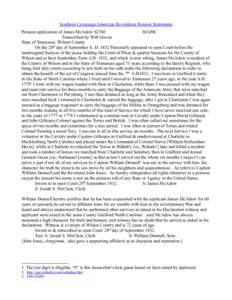 Southern Campaign American Revolution Pension Statements Pension application of James McAdow S2760 fn14NC Transcribed by Will Graves State of Tennessee, Wilson County On the 28th day of September A. D[removed]Personally ap