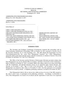 UNITED STATES OF AMERICA Before the SECURITIES AND EXCHANGE COMMISSION Washington, D.C[removed]ADMINISTRATIVE PROCEEDINGS RULINGS Release No[removed]December 13, 2013