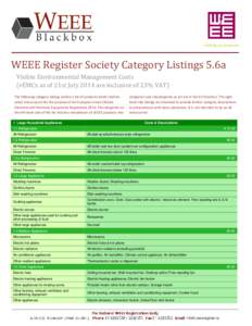 WEEE Register Society Category Listings 5.6a Visible Environmental Management Costs (vEMCs as of 21st July 2014 are inclusive of 23% VAT) The following category listings outline a list of products which shall be taken in