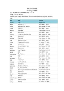 東華大學放映時刻表 Screenings in NDHU 地址：國立東華大學(花蓮縣壽豐鄉大學路 2 段 1 號) 放映廳：人社 1 館 第 3 講堂 Screening room: College of Humanities and Social Science National 