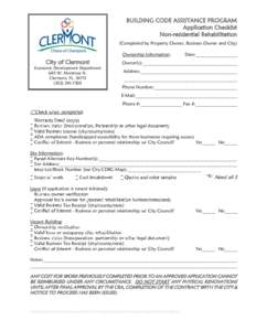 BUILDING CODE ASSISTANCE PROGRAM Application Checklist Non-residential Rehabilitation (Completed by Property Owner, Business Owner and City) Ownership Information: