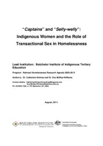 “Captains” and “Selly-welly”: Indigenous Women and the Role of Transactional Sex in Homelessness