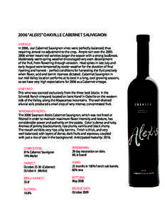 2006 “ALEXIS” OAKVILLE CABERNET SAUVIGNON VINTAGE: In 2006, our Cabernet Sauvignon vines were perfectly balanced, thus requiring almost no adjustment to the crop. Ample rain over the[removed]winter meant red varieti