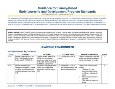 Guidance for Family-based Early Learning and Development Program Standards Point Assignment April 8, 2012 — Amended September 1, 2014 The purpose of this document is to guide participants through the Standards Self-stu
