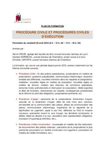 PLAN DE FORMATION  PROCÉDURE CIVILE ET PROCÉDURES CIVILES D’EXÉCUTION Formation du vendredi 29 avrilhh. 30 – 14 hh. 30) Animée par :