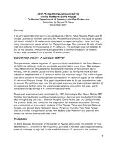 2007P hytophthora ram orum Survey for the Northern Sierra Nevada California Department of Forestry and Fire Protection Submitted by Donald R. Owen December 2007 Summary