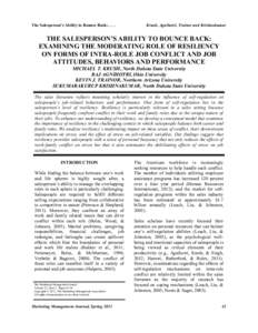 The Salesperson’s Ability to Bounce Back:. . . .  Krush, Agnihotri, Trainor and Krishnakumar THE SALESPERSON’S ABILITY TO BOUNCE BACK: EXAMINING THE MODERATING ROLE OF RESILIENCY