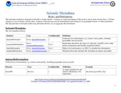 Seismic Metadata Rules and Definitions This metadata template is designed to describe a seismic dataset. A dataset is a logical grouping of files such as one or more seismic lines, a 3D data volume or a set of seismic ve