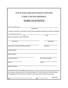 STATE OF RHODE ISLAND AND PROVIDENCE PLANTATIONS  TOWN OF NORTH SMITHFIELD BUSINESS REGISTRATION  THIS IS TO CERTIFY that ________________________________________________________________