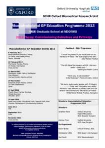 NIHR Oxford Biomedical Research Unit  Musculoskeletal GP Education Programme 2013 MSK Graduate School at NDORMS 2013 Theme: Commissioning Guidelines and Pathways