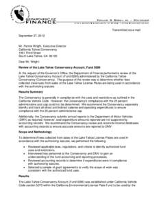 Transmitted via e-mail September 27, 2012 Mr. Patrick Wright, Executive Director California Tahoe Conservancy 1061 Third Street