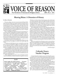 VOICE OF REASON The Newsletter of Americans for Religious Liberty 2003, NoBlaming Blaine: A Distortion of History