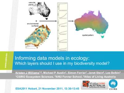 Informing data models in ecology: Which layers should I use in my biodiversity model? Kristen J Williams1,3, Michael P Austin1, Simon Ferrier1, Janet Stein2, Lee Belbin3 1CSIRO Ecosystem Sciences, 2ANU Fenner School, 3At