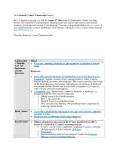 Dear Kentucky Cancer Consortium Partners: KCC is pleased to provide you with the August 27, 2014 issue of “Wednesday’s Word” (see table below), a bi-weekly KCC communication relaying recent state and national cance