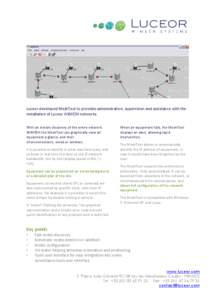 Luceor developed MeshTool to provides administration, supervision and assistance with the installation of Luceor WiMESH networks. With an instant discovery of the entire network WiMESH the MeshTool can graphically view a