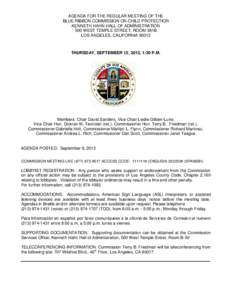 AGENDA FOR THE REGULAR MEETING OF THE BLUE RIBBON COMMISSION ON CHILD PROTECTION KENNETH HAHN HALL OF ADMINISTRATION 500 WEST TEMPLE STREET, ROOM 381B LOS ANGELES, CALIFORNIA 90012