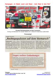 Kampagne „In Stadt, Land und Staat - kein Nazi in den Rat“  „Europas Rechtspopulisten auf dem Vormarsch“ Vortrag und Diskussion mit Carsten Hübner am 14. Mai 2014 Kulturhaus Lüdenscheid Pressespiegel