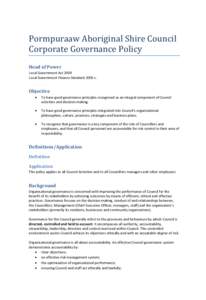 Pormpuraaw Aboriginal Shire Council Corporate Governance Policy Head of Power Local Government Act 2009 Local Government Finance Standard 2005 s.