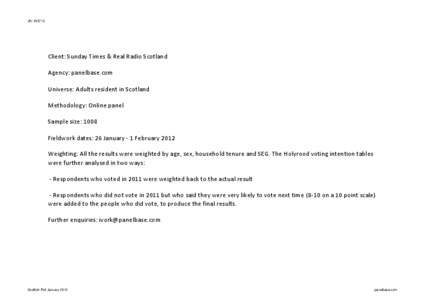 JN: W3715  Client: Sunday Times & Real Radio Scotland Agency: panelbase.com Universe: Adults resident in Scotland Methodology: Online panel