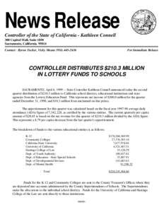 Press Release - CONTROLLER DISTRIBUTES $210.3 MILLION IN LOTTERY FUNDS TO SCHOOLS