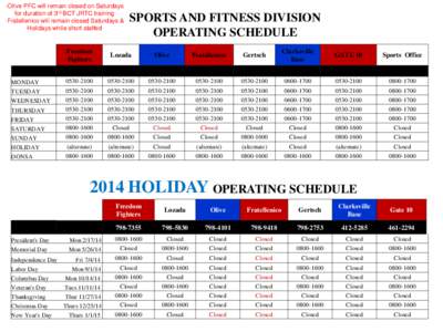 -Olive PFC will remain closed on Saturdays for duration of 3rd BCT JRTC training -Fratellenico will remain closed Saturdays & Holidays while short staffed  SPORTS AND FITNESS DIVISION