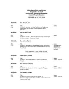 126th Maine State Legislature Legislative Council Requests to Introduce Legislation Second Regular Session REVISED As of: [removed]