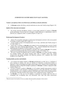 OVERVIEW OF COUNTRY RESULTS IN TALIS1: SLOVENIA  Teachers’ perceptions of their own effectiveness (self efficacy) and job satisfaction   In Slovenia, teacher self-efficacy and job satisfaction are above the TALIS av