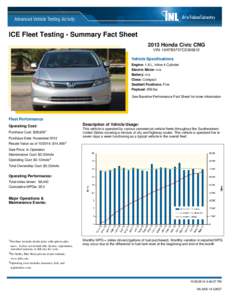 ICE Fleet Testing - Summary Fact Sheet 2013 Honda Civic CNG VIN: 19XFB5F57CE000612 Vehicle Specifications Engine: 1.8 L, Inline 4-Cylinder
