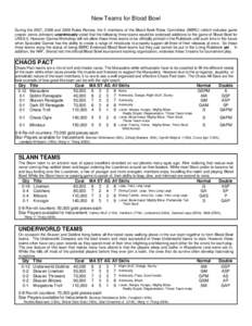 New Teams for Blood Bowl During the 2007, 2008 and 2009 Rules Review, the 5 members of the Blood Bowl Rules Committee (BBRC) (which includes game creator Jervis Johnson) unanimously voted that the following three teams w