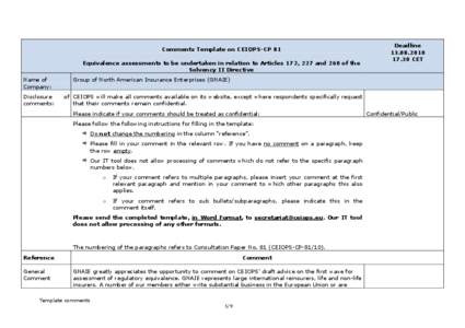 Comments Template on CEIOPS-CP 81 Equivalence assessments to be undertaken in relation to Articles 172, 227 and 260 of the Solvency II Directive Name of Company: Disclosure