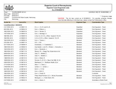 Superior Court of Pennsylvania Superior Court Argument Lists As of[removed]Panel: Begin Date: End Date: