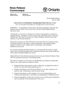 News Release Communiqué Ministry of the Attorney General  Ministère du