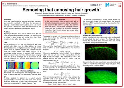 Removing that annoying hair growth! Rasmus R. Jensen, Mike van der Poel, Rasmus Larsen and Rasmus R. Paulsen Informatics and Mathematical Modelling, Technical University of Denmark Motivation If the ear canal could be sc