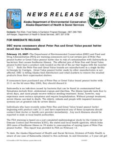 NEWS RELEASE Alaska Department of Environmental Conservation Alaska Department of Health & Social Services Contacts: Ron Klein, Food Safety & Sanitation Program Manager, ([removed]Jeff Kasper, Department of Health &