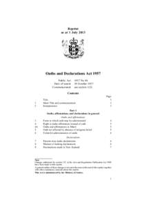 Reprint as at 1 July 2013 Oaths and Declarations Act 1957 Public Act Date of assent