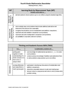 Fourth Grade Mathematics Newsletter Marking Period 1, Part 2 MT  Learning Goals by Measurement Topic (MT)