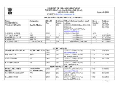 MINISTRY OF URBAN DEVELOPMENT NIRMAN BHAWAN, MAULANA AZAD ROAD, NEW DELHI[removed]WEBSITE : http://www.moud.gov.in  As on July 2014