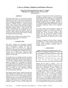 A Survey of Binary Similarity and Distance Measures Seung-Seok Choi, Sung-Hyuk Cha, Charles C. Tappert Department of Computer Science, Pace University New York, US ABSTRACT The binary feature vector is one of the most co