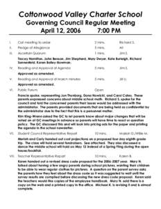 Cottonwood Valley Charter School Governing Council Regular Meeting April 12, 2006 7:00 PM I.