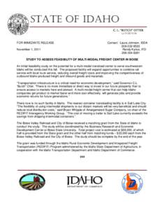STATE OF IDAHO C. L. “BUTCH” OTTER Governor FOR IMMEDIATE RELEASE