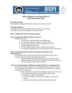 Office of Student and School Success OSPI Peer Review 2013 Essential Question: What defines a distinguished Student and School Success Action Plan? Learning Outcomes: Participants will use peer collaboration as a tool fo