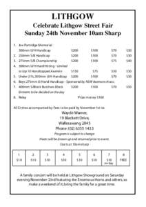 LITHGOW Celebrate Lithgow Street Fair Sunday 24th November 10am Sharp 1. Joe Partridge Memorial 300mm U/H Handicap $200