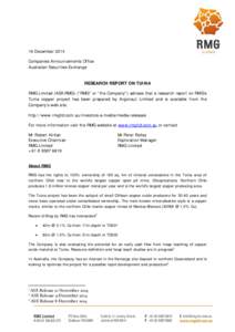    16 December 2014 Companies Announcements Office Australian Securities Exchange RESEARCH REPORT ON TUINA