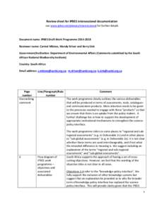 Review sheet for IPBES intersessional documentation see www.ipbes.net/plenary/intersessional for further details Document name: IPBES Draft Work ProgrammeReviewer name: Carmel Mbizvo, Mandy Driver and Kerry Si