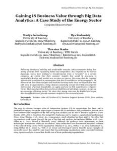 Gaining IS Business Value through Big Data Analytics  Gaining IS Business Value through Big Data Analytics: A Case Study of the Energy Sector Completed Research Paper